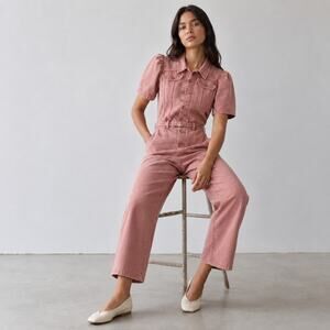 Sea NY Corbin Pink Puffed Short Sleeve Long Denim Jumpsuit, Size 10